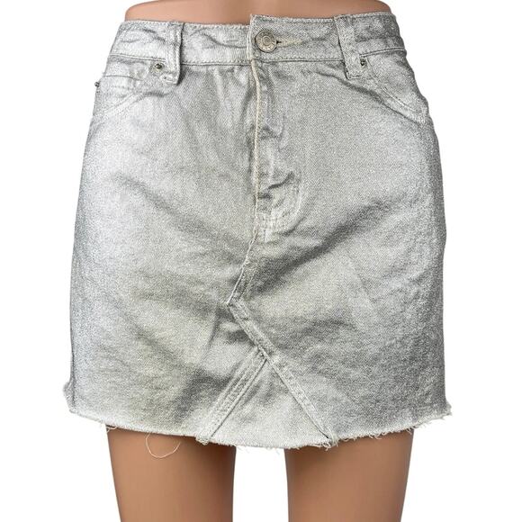 Sunset + Spring Silver Metallic High Waisted Pencil Mini Denim Jean Skirt Size M - Picture 1 of 4
